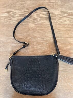 Brahmin Black Croc-Embossed Leather Crossbody with Tassel